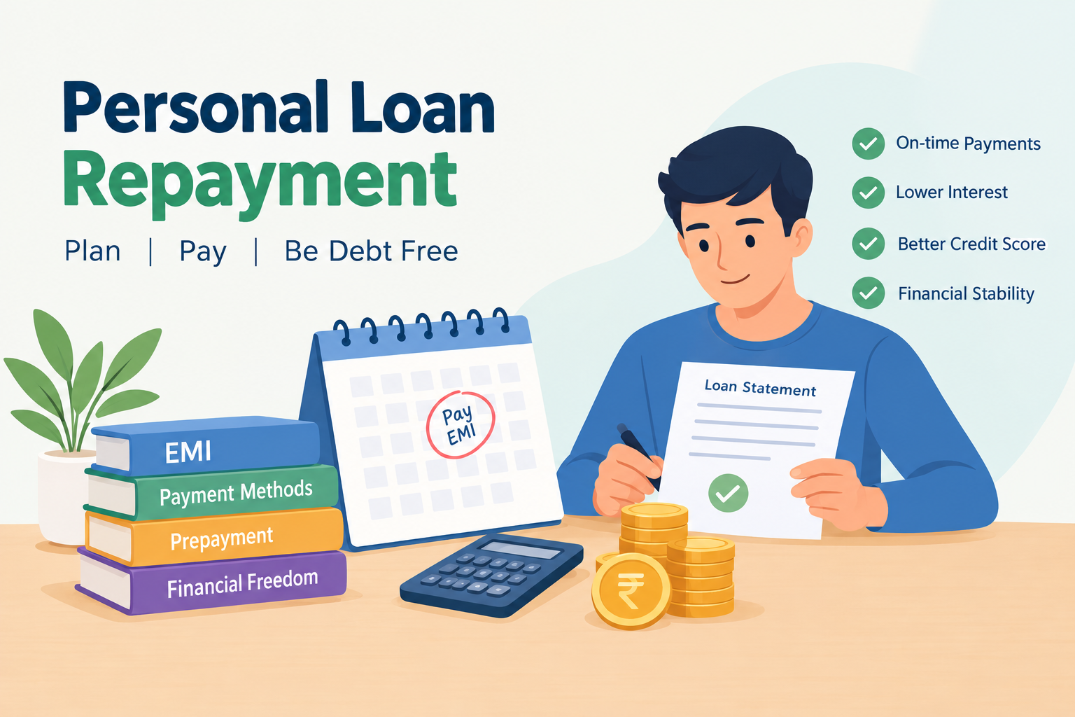 Personal loan repayment guide illustrating EMI payments, a loan statement, repayment calendar, calculator, and money-saving tips for better financial stability.